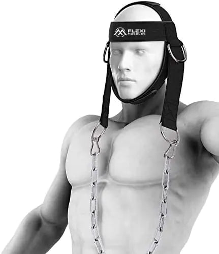 Flexi Muscles - Neck Harness for Weight Lifting - Adjustable Neck Trainer with 35" Heavy-Duty Steel Chain - Ideal for Neck Strengthening Injury Recovery and Gym Workouts.