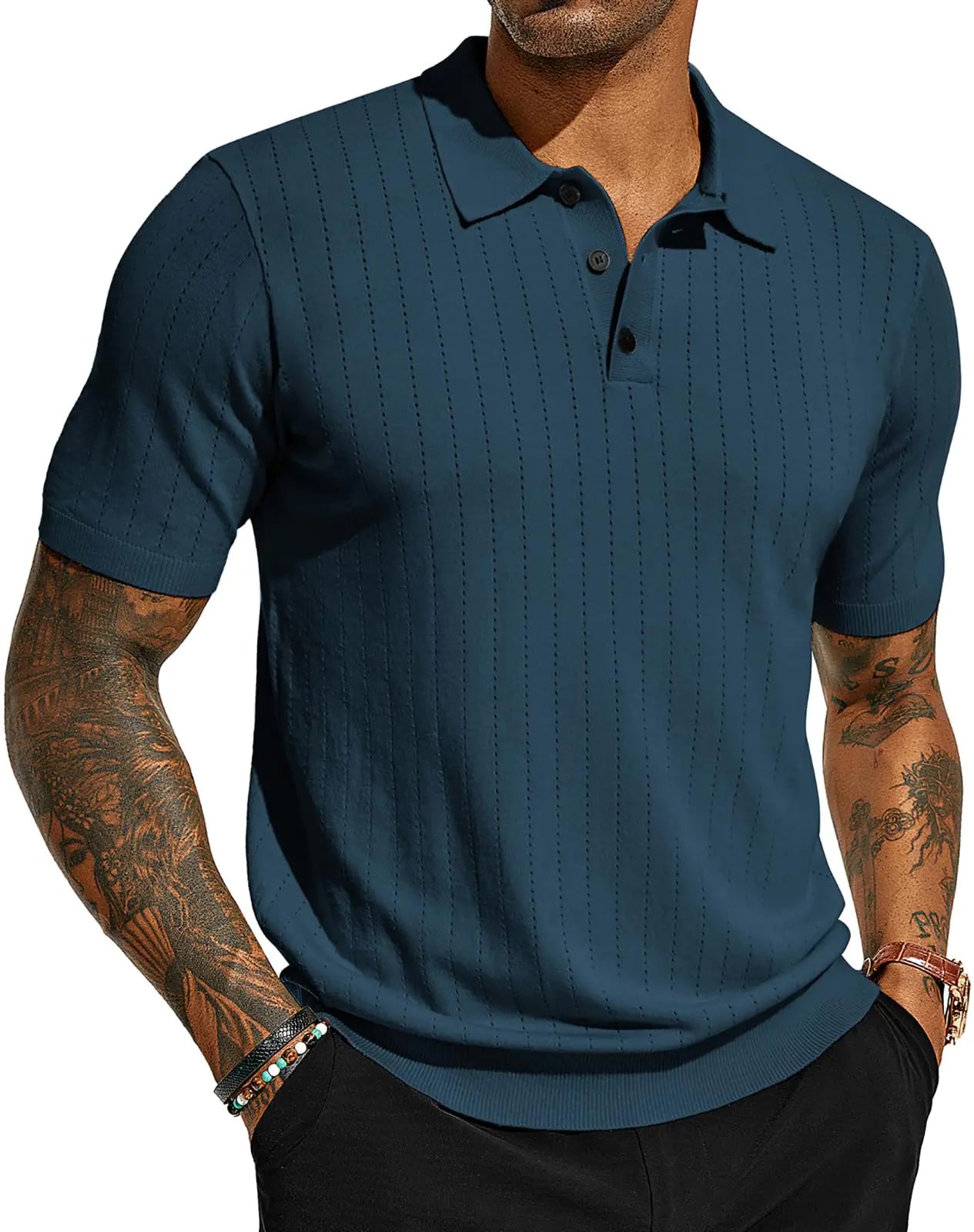 PJ PAUL JONES Mens Knitted Polo Shirts Breathable Hollow Out Knit Polo Shirts Sweater for Men Blue 2XL